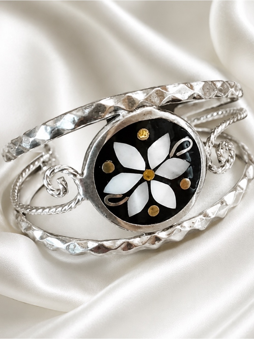 Vintage Mexico SS 925 Black Onyx and Mother of Pearl Inlay Scroll Cuff Bracelet